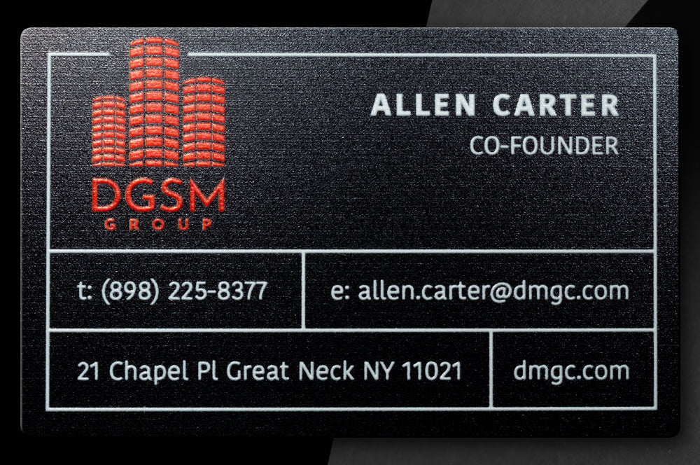 Modern full-color aluminum business card with a bold and unforgettable design.