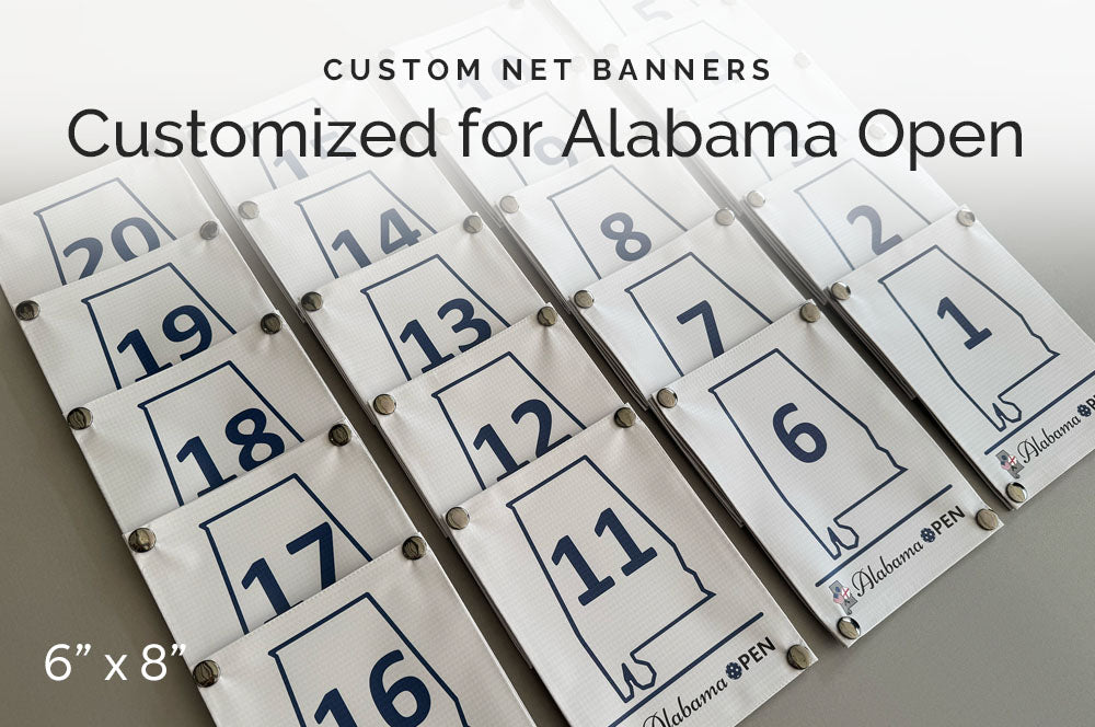 Custom net banners designed for the Alabama Open, featuring 6x8 inch numbered vinyl panels with snap-on grommets