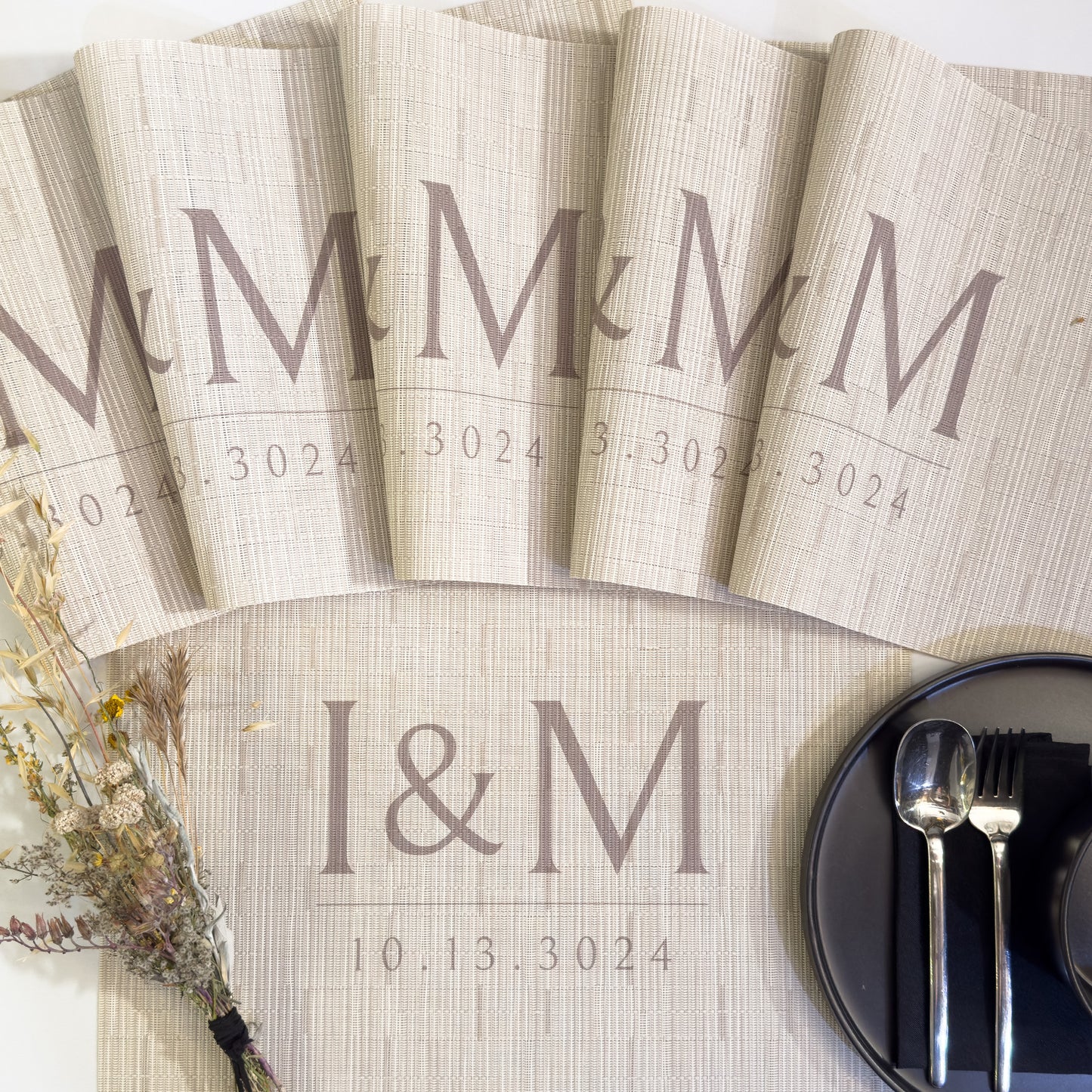 Custom-printed personalized vinyl placemats with durable, waterproof design, perfect for dining tables and special events.