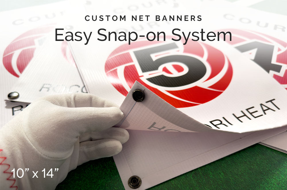 Custom snap-on net banners with easy installation system, featuring 10x14 inch vinyl signs and close-up of gloved hand securing grommets