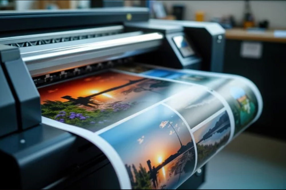 High-resolution gallery-style art prints being produced on a large format printer