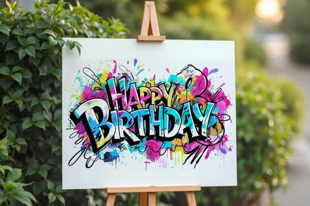 Comic-style happy birthday poster displayed on easel for outdoor party decoration