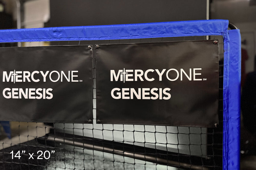 Custom printed snap-on net signs for MercyOne Genesis, displayed on a blue-trimmed sports net, 14x20 inches.