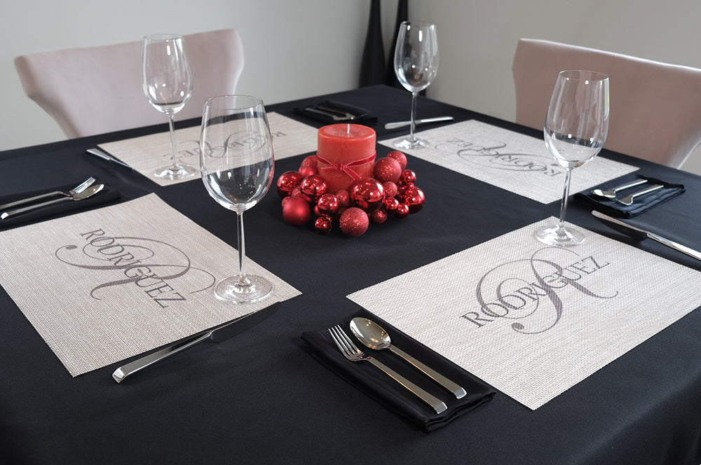 Personalized gift placemat, a unique housewarming or holiday present with a custom-printed design.