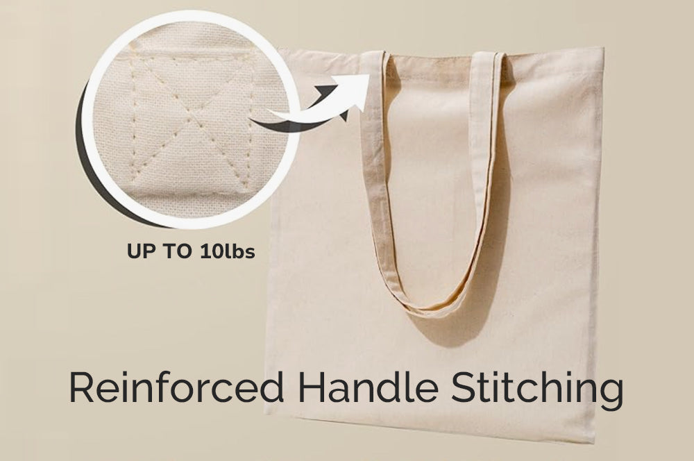 Close-up of reinforced stitching on a beige tote bag handle, designed to support up to 10 pounds