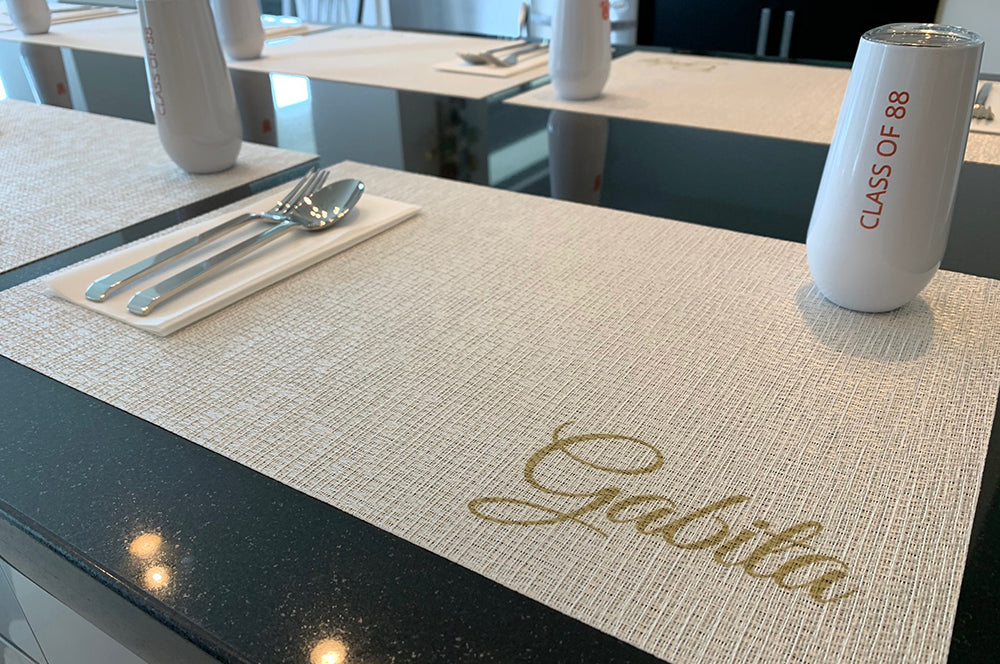 Wedding event table placemat with custom designs, adding an elegant touch to receptions and banquets.