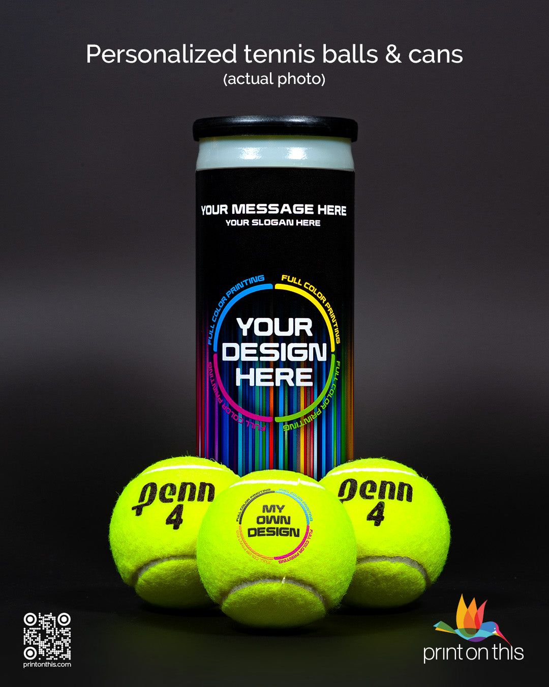 Personalized tennis balls with optional customized cans. No minimums! Corporate rush orders and fast shipping!