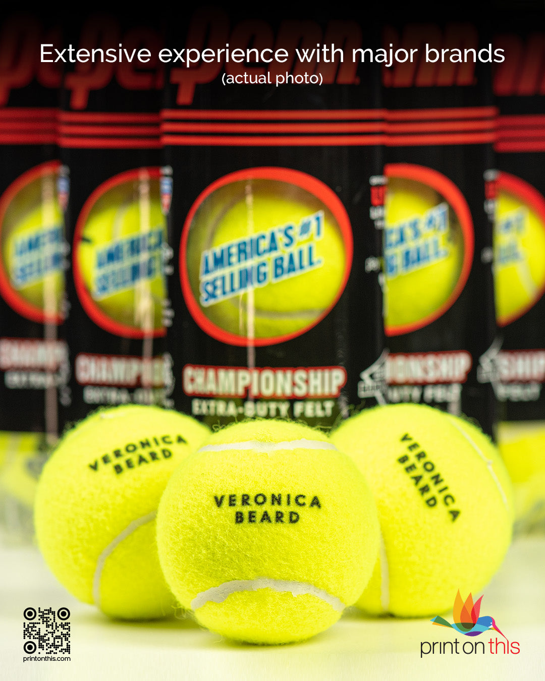 Personalized tennis balls with optional customized cans. No minimums! Corporate rush orders and fast shipping!