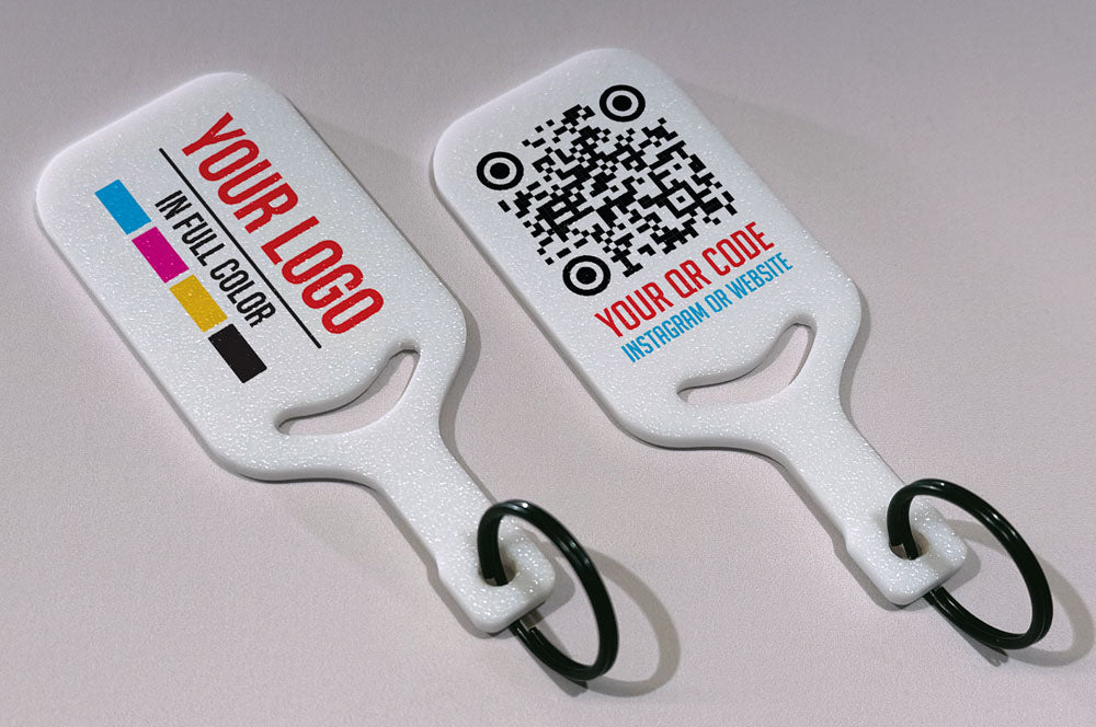 Two white paddle signs with customizable branding options on a light gray background